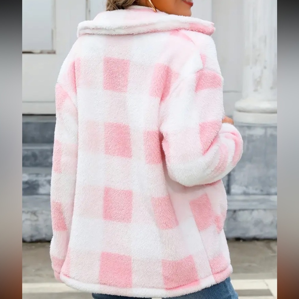 PLAID Pink & White Sherpa Fur Patch Pocket Button Up Coat Jacket L  NIB - Picture 5 of 5